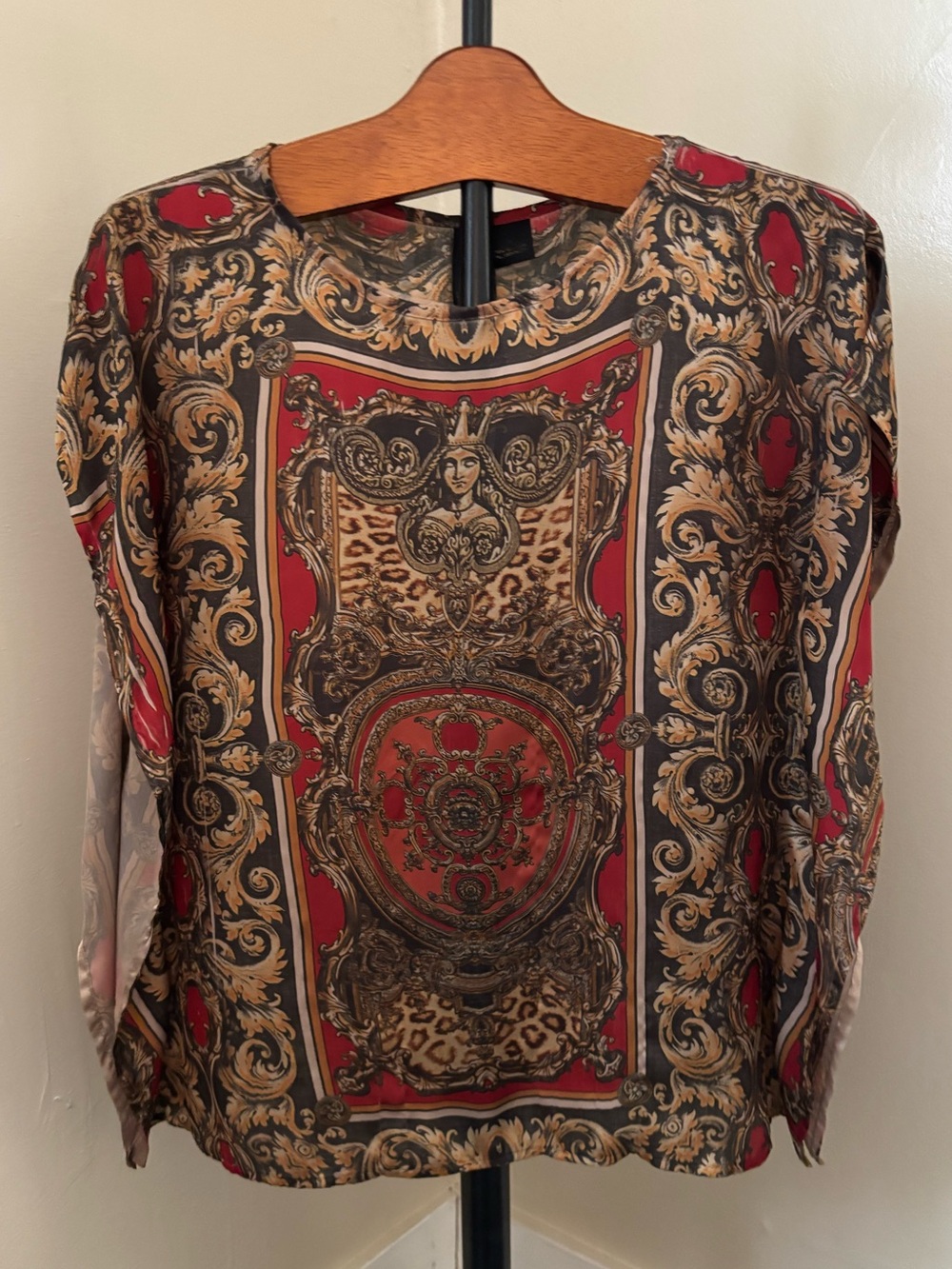 New Directions Baroque Print Blouse Tunic Vintage Red Gold Black Flowy Small